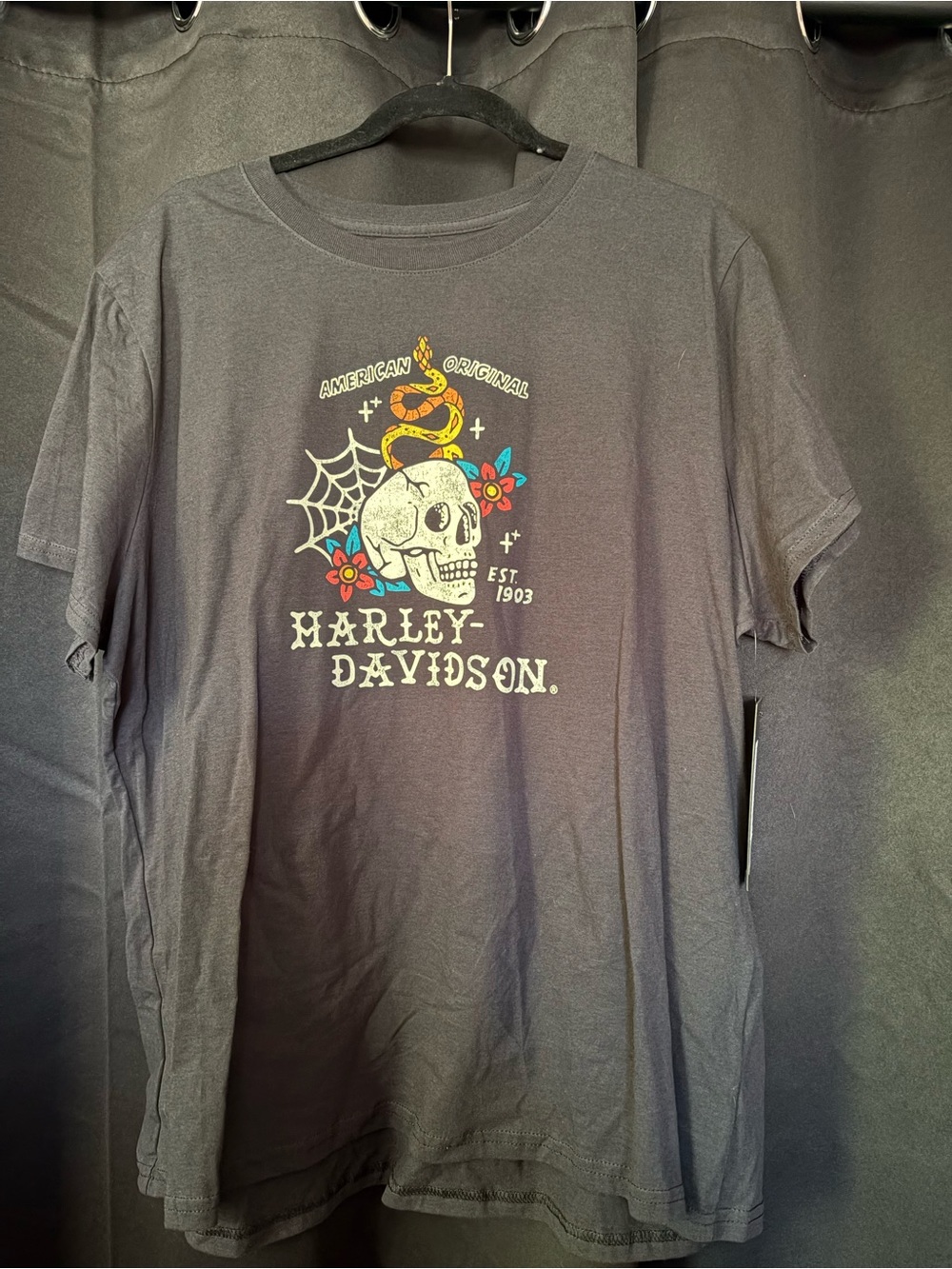 Harley-Davidson Black T-Shirt with Orange & Yellow Snake Graphic